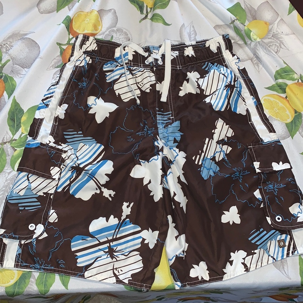 Hang Ten Brown Blue Floral Hawaiian Pattern Men’s Board Shorts sz M EUC